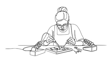 Obraz premium Woman Soldering Electronics Components on Circuit Board, Continuous Line Drawing