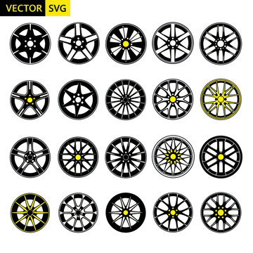 Set of Car Wheels and Rims Vector Icons - Various Designs