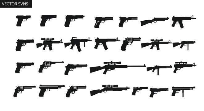 Collection of Silhouette Firearms, Handguns, Rifles, and Machine Guns Icons Vector