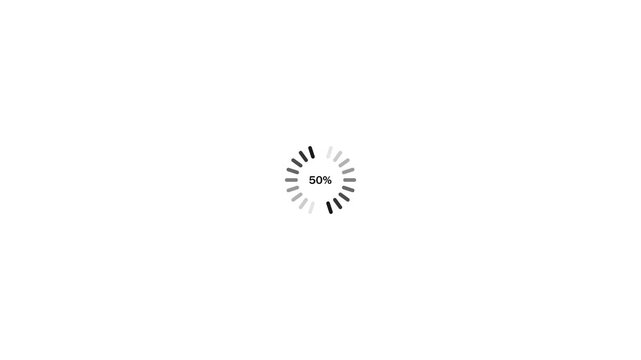Monochrome loading spinner with 100 percent indicated by segmented bars on a clean white background representing waiting or processing