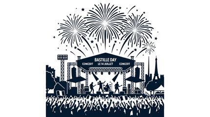 Fototapeta premium Bastille Day concert stage silhouette with fireworks and crowd.