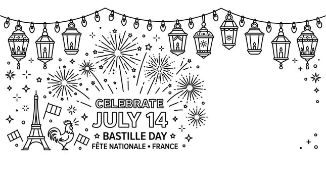 Bastille Day Celebration Hand Drawn Illustration with Eiffel Tower and Fireworks.