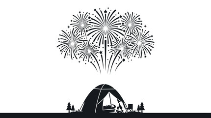 Black and white illustration of a camping tent with fireworks above. © alfan fikri