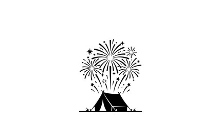 Black and white illustration of a camping tent with fireworks display. © alfan fikri
