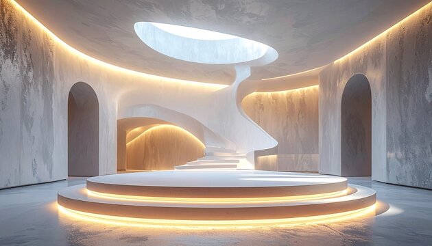 Modern futuristic interior design with spiral staircase and glowing li