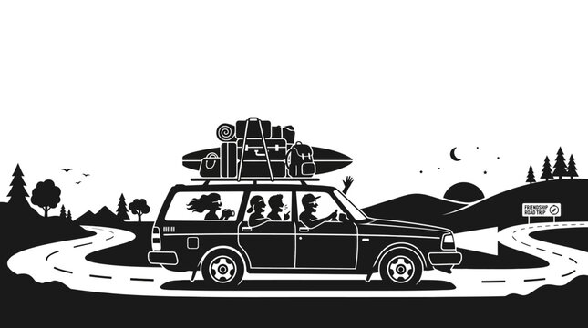 Black and white illustration of a family traveling in a station wagon car.