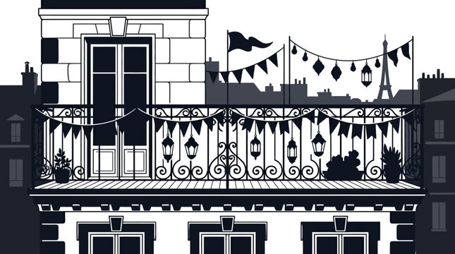 Black and white illustration of a Paris apartment balcony with decorations.