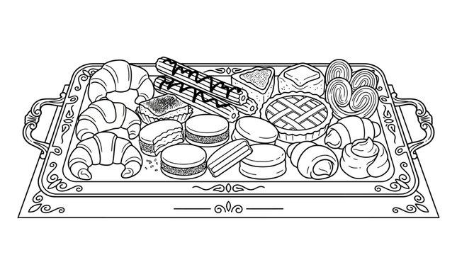 Black and white line art illustration of a decorative tray filled with various delicious pastries and baked goods.