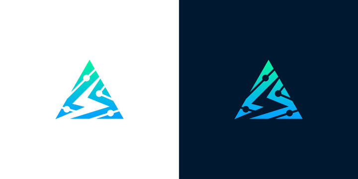 Abstract tech triangle logo with circuit board pattern and lightning bolt element, modern digital design for innovation and energy