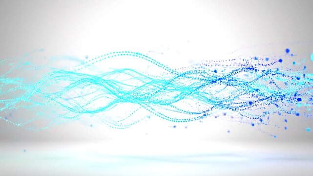 Seamless minimal technology data stream loop with glowing cyan particles sweeping across pristine white. Ample negative space. Ideal for corporate presentations, fintech dashboards.