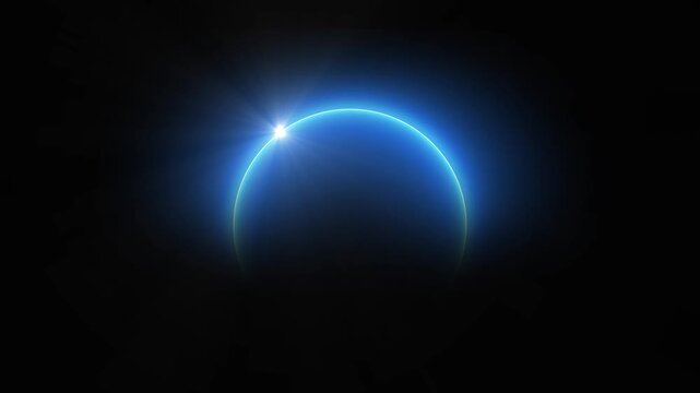 A luminous blue planet or celestial body with a bright starburst light effect on its curved edge against a deep black void representing space and discovery