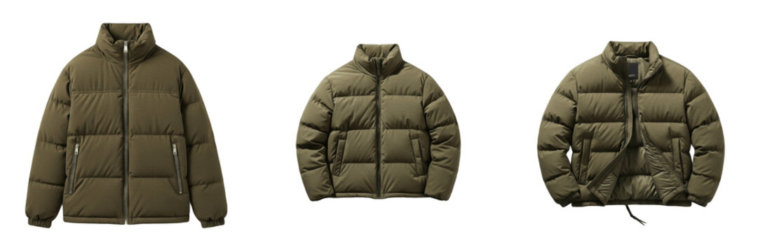 Puffy green warm winter puffer jacket isolated transparent PNG.