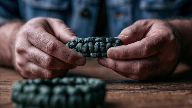 Crafting a Green Paracord Bracelet: Focused Hands, Blurred Background, Wooden Table