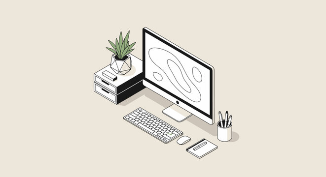 Detailed isometric illustration of a modern designer workspace, complete with a desktop computer, graphic tablet, and minimalist office accessories for creative productivity