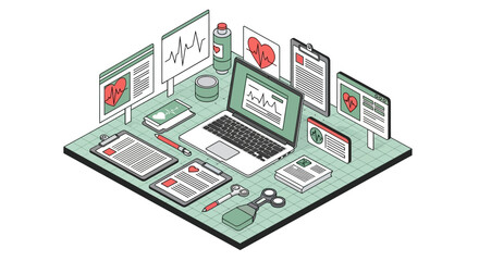 Fototapeta premium Comprehensive isometric workspace illustrating digital health, virtual consultations, and remote patient monitoring with medical technology and data management