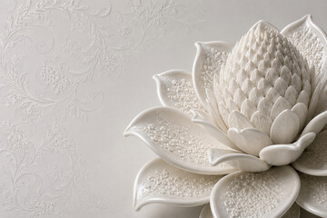 Vertical 3D dof a tropical torch ginger / rose de porcelaine flower crafted from exquisite white porcelain ceramic