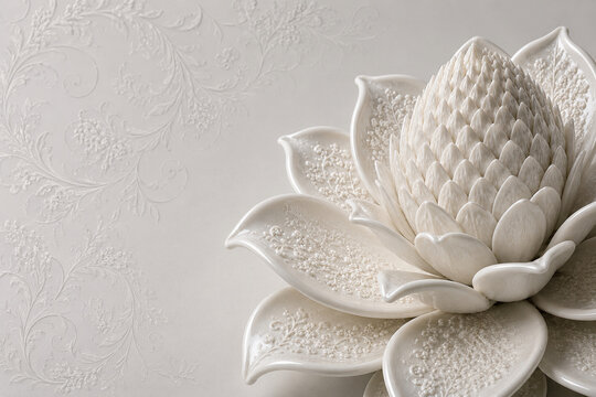 Vertical 3D dof a tropical torch ginger / rose de porcelaine flower crafted from exquisite white porcelain ceramic