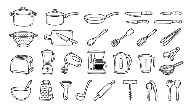 Kitchenware and Home Cooking Utensils Line Icon Set with Pots Pans Chef Knives Blenders Electric Kettles and Baking Tools