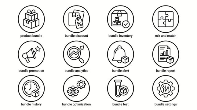 Set of 12 vector line icons for e-commerce product bundle management.