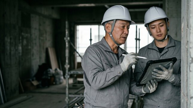 建築中の現場でタブレットの画面を指差して指導するベテランと若手の男性現場監督。OJT研修による若手育成イメージ