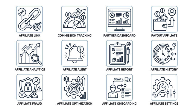 Set of affiliate marketing icons for digital business and advertising.