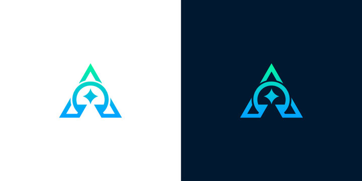 Abstract letter A logo design with star and circle elements in gradient blue and green colors