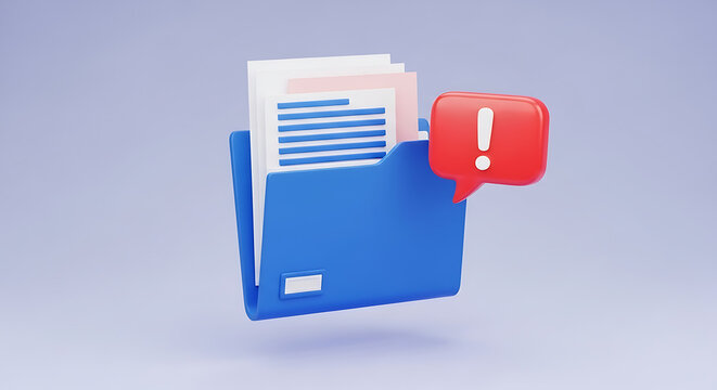 Blue folder with documents and red exclamation mark notification document exclamation notification business management important attention