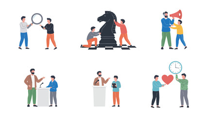 Fototapeta premium Set of business people working together, collaborating, and communicating in various situations, flat vector illustrations.