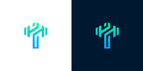 Fototapeta premium Abstract geometric tree logo design in a vibrant gradient of blue and green, symbolizing technological growth, digital connectivity, and modern innovation for a corporate or startup brand identity