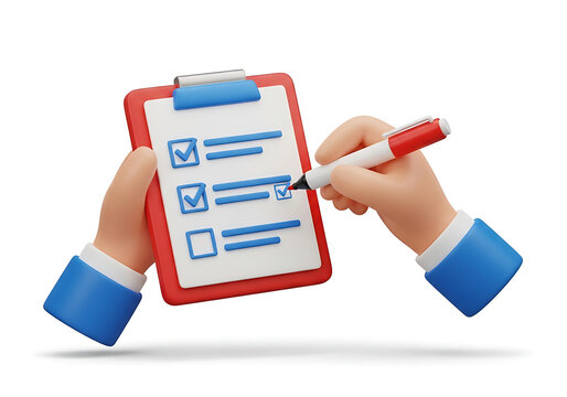 3D illustration of cartoon hand checking tasks on clipboard with checklist clipboard business character planning management document completion
