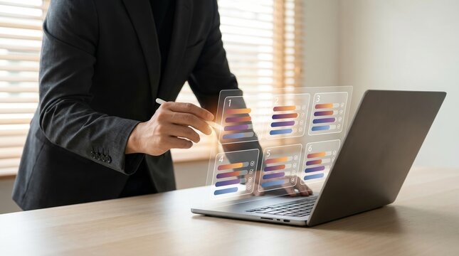 Business Professional Using Holographic Color Slider Interface on Laptop