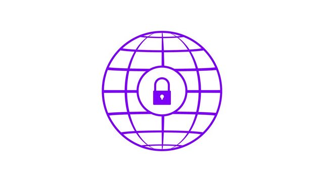 A simple and clear of a purple globe outline with a grid of latitude and longitude lines, featuring a prominent purple padlock centered within the globe, symbolizing global security, internet