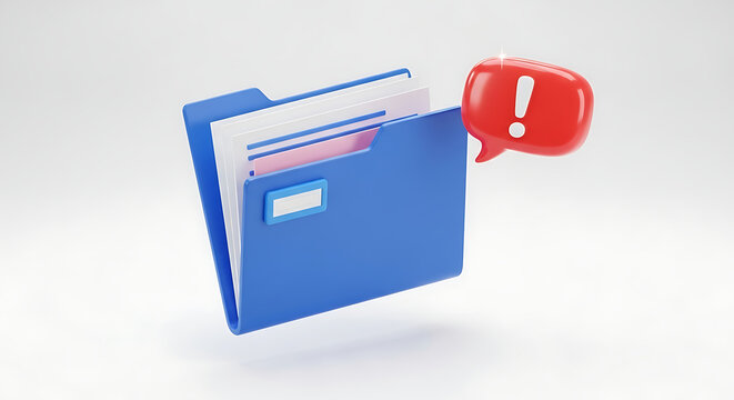 Blue folder containing documents with a red warning speech bubble icon representing urgent issues document business information important management notification attention organize security