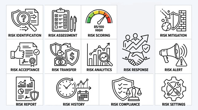 Set of business risk management and financial strategy icons.