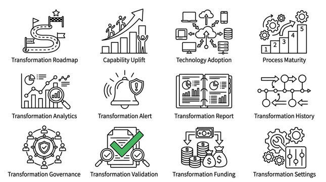 Set of Business Transformation and Digital Strategy Outline Icons.