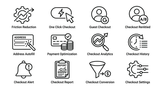 Set of checkout and e-commerce process icons for website.