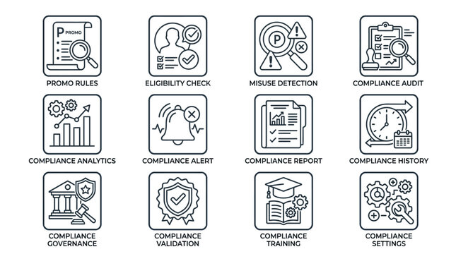 Set of compliance and regulatory icons for business management.