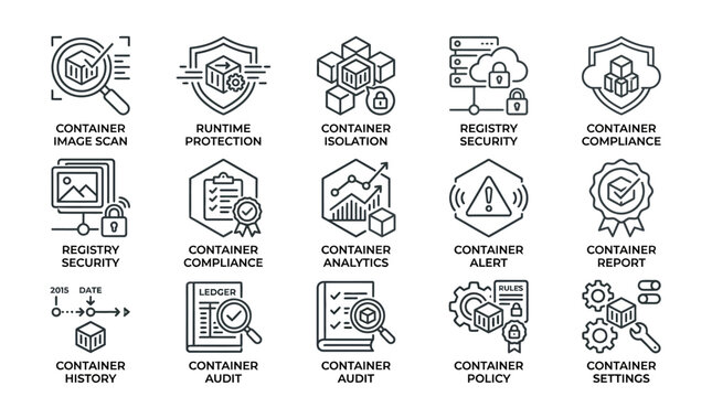 Set of container security and management thin line icons.