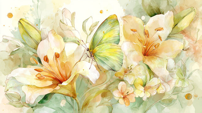 watercolor botanical butterfly and flowers texture template background.Elegant wedding invitation card background . Minimal hand painted Design for wedding or Valentine's Day