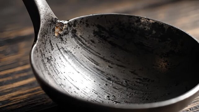 Closeup of a vintage metal ladle on a rustic wooden table.