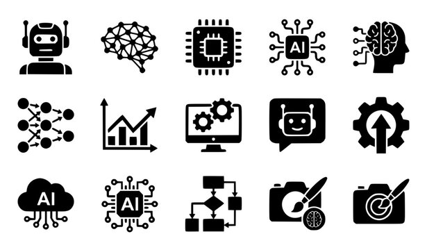 Artificial Intelligence and Machine Learning Icon Set Featuring Robot, Cybernetic Brain, Microchip, Deep Learning Network, Chatbot, Cloud Tech, and AI Generative Art Symbols