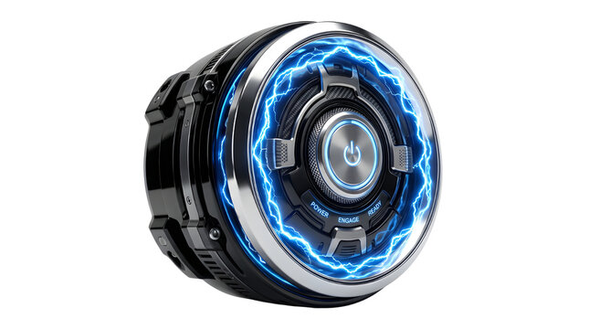 Futuristic power button with blue electric lightning energy, high-tech glowing start switch, metallic sci-fi ignition interface on white background