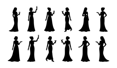 Elegant Evening Gown Woman Silhouette Icon Set Featuring Prom Dresses Toasting with Wine Glasses and Poses for Gala Events Luxury Weddings and Fashion Designs © MD