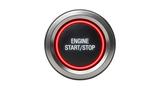 Modern engine start stop button with red glowing light, metallic car ignition switch, automotive push button on white background