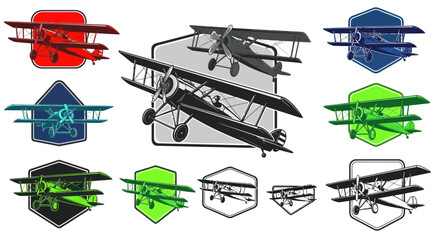 Vintage Biplane Collection: Retro Aircraft Set in Colorful Badges © nanik