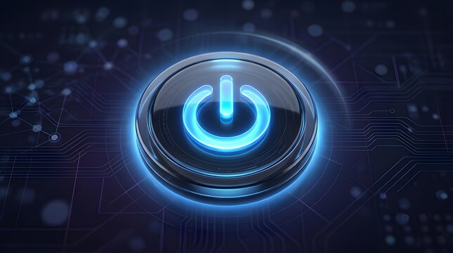 Glowing blue power button on digital circuit board, futuristic start switch for technology and innovation, neon energy icon on dark background