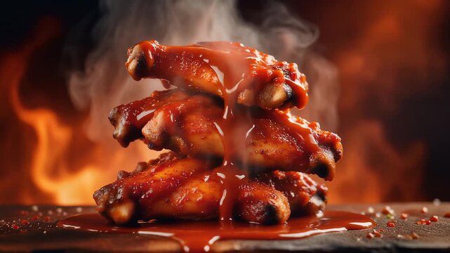 Delicious chicken wings, stacked and smothered in savory red sauce, on a wooden board with flames in background, symbolizing spicy food, barbecue, and culinary delight
