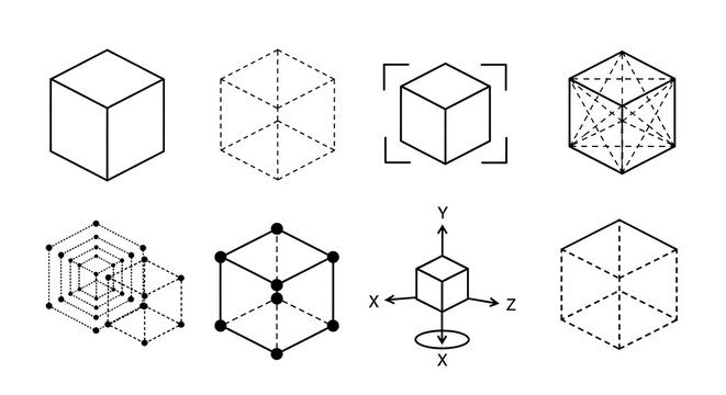 Collection of technical isometric cube icons and structural wireframe geometries with isometric geometric wireframe technical structure perspective blueprint engineering construction abstract