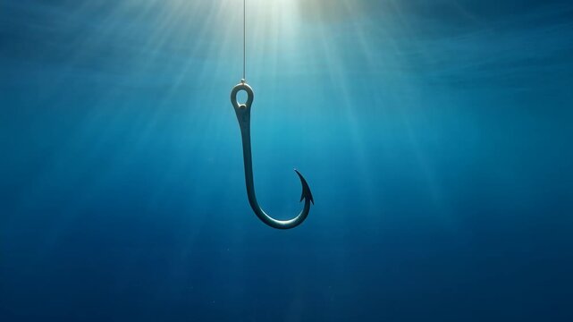 Fishing hook, detailed metallic hook with sharp point and barb, underwater scene with sun rays penetrating through water, symbolizing fishing, danger, and lure.