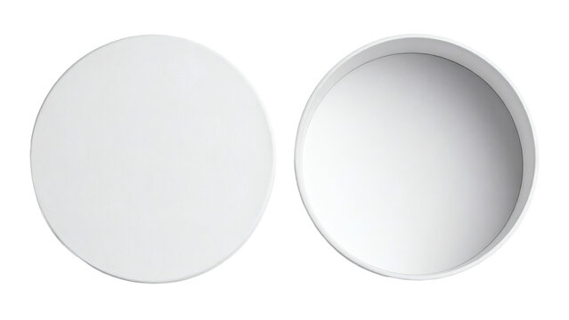 Versatile minimalist white round box with its lid separately displayed, showcasing a clean empty open container and a simple circular top view, ideal for various product packaging mockups&nbsp;